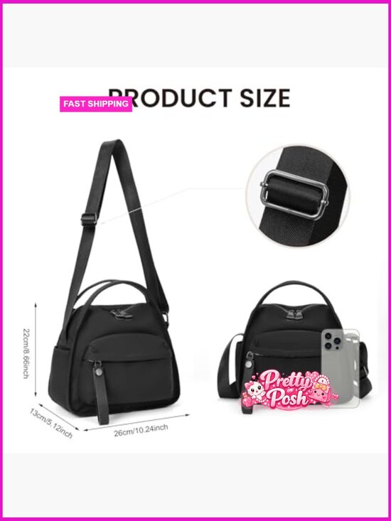Nylon Shoulder Bag with Top Handle and Crossbody Strap